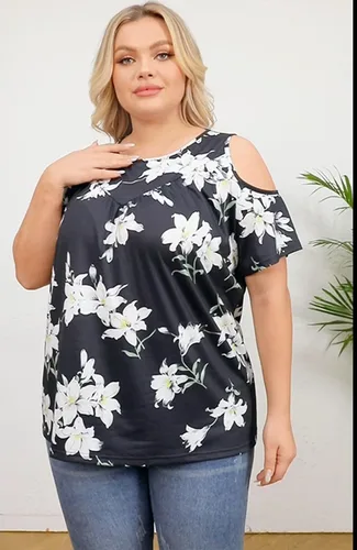 Vista 3 de Camisetas casuales de verano para mujer, hombros descubiertos, manga corta, cuello redondo, ajuste holgado, tallas grandes, plisadas, fluidas