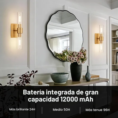 Vista 2 de SANTOSTOCK Juego de 2 apliques de pared dorados operados por batería con control remoto, 12000mAh luces de pared recargables, lámparas de pared