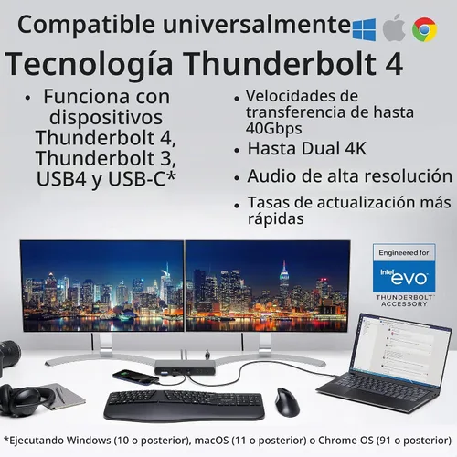 Vista 2 de Kensington SD5780T Thunderbolt 4 Estación de acoplamiento dual 4K con entrega de energía de hasta 100 W y lector de tarjetas SD, puertos HDMI