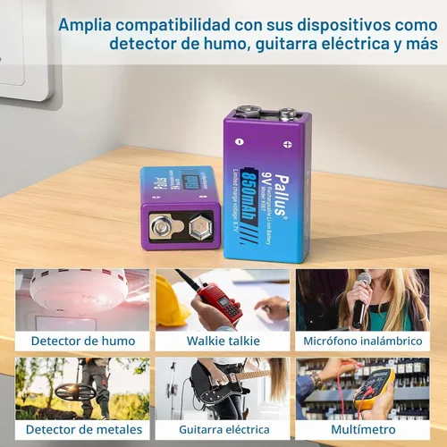 Vista 6 de Pallus Baterías recargables de 9 V con cargador, paquete de 4 baterías recargables de litio de 850 mAh de 9 voltios para alarmas de humo e
