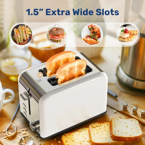 Vista 3 de YSSOA Tostadora de acero inoxidable de 2 rebanadas, 6 ajustes de tostado y 3 funciones, ranura extra ancha y bandeja extraíble para migas, para pan