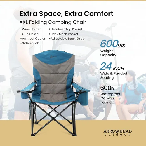 Vista 4 de ARROWHEAD OUTDOOR Paquete de 2 sillas de campamento plegables portátiles XXL de gran tamaño con soportes para vidrio y tazas, enfriador