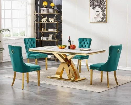 Vista 38 de Juego de mesa de comedor de cristal plateado moderno de 70 pulgadas para 4, juego de mesa de comedor rectangular de 5 piezas con patas de acero