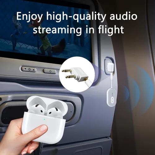 Vista 2 de Adaptador Bluetooth 5.3 para avión, receptor transmisor Bluetooth para 2 dispositivos AirPods o BT, baja latencia, adaptador de audio con conector