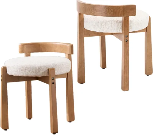 Vista 10 de HEAH-YO - Silla de tocador de madera con respaldo, pequeño taburete con reposapiés tapizado en lino, silla de maquillaje de estilo moderno