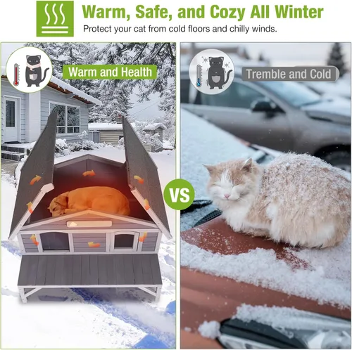 Vista 6 de GUTINNEEN Casa Grande para Gatos al Aire Libre Resistente a la Intemperie con Puertas de Escape, Madera Maciza Aislada Más Gruesa, Porche Grande