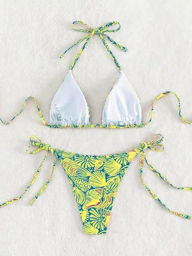 Vista 2 de Traje de baño de cintura alta para mujer, estampado floral, triángulo, halter, conjunto de bikini de 2 piezas