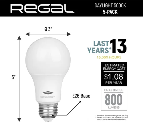 Vista 2 de REGAL - Bombilla LED A19 (800 lúmenes, 9 W, equivalente a 60 W, base E26, intensidad no regulable)