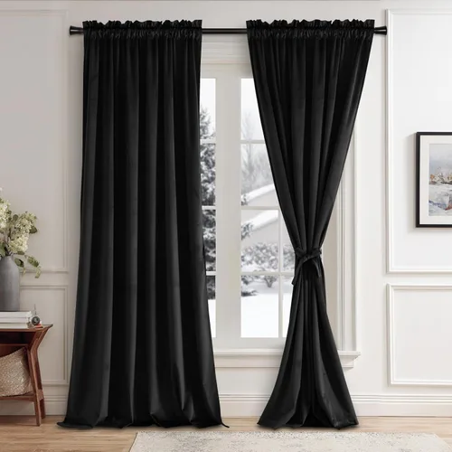 Vista 101 de JIUZHEN Cortinas de terciopelo beige de 63 pulgadas de ancho x 63 pulgadas de largo, cortinas de terciopelo retro suaves con bolsillo para barra