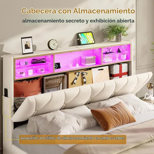 Vista 5 de ADORNEVE Base de cama de tamaño matrimonial con luces LED y cabecera