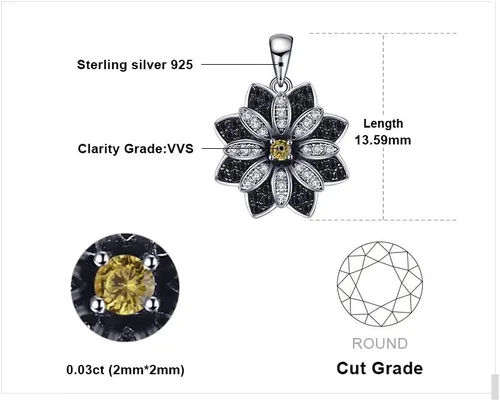 Vista 2 de JewelryPalace Collar con colgante de espinela negra de cuarzo ahumado genuino de girasol margarita para mujer, collar de plata de ley 925 chapado