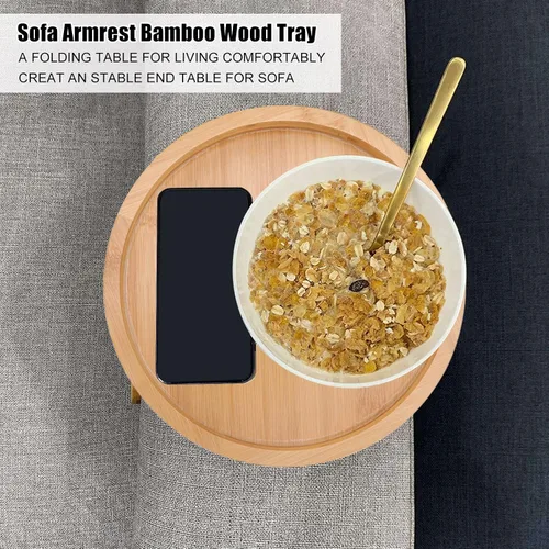 Vista 3 de Bandeja de aperitivos para sofá, textura de madera, bandeja para reposabrazos de sofá, mesa de brazo plegable con clip para aperitivos de café y té