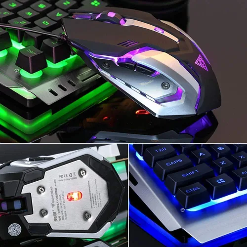 Vista 4 de Combo de teclado y mouse con retroiluminación con cable, colorido juego de teclado de mouse iluminado, combo de teclado USB gamer, teclado LED