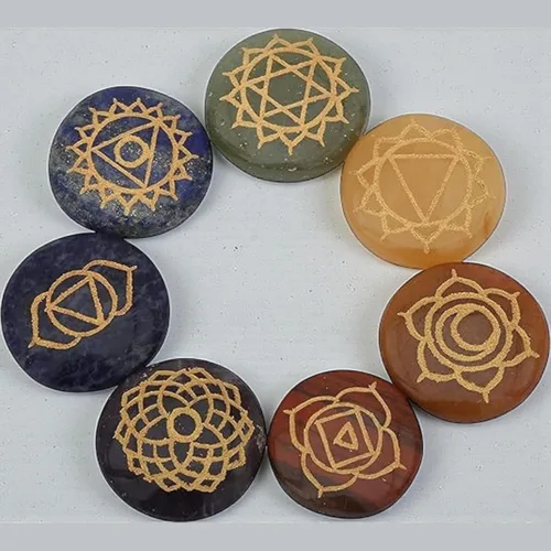 Vista 5 de Cristales curativos: 7 piedras pulidas y grabadas para equilibrar chakras holísticos productos para el cuidado de la salud, Gema, piedras de cristal