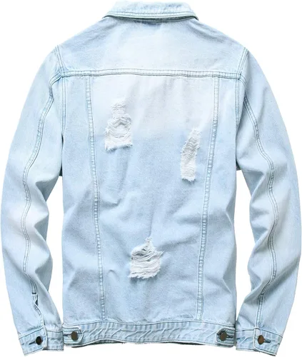Vista 2 de LAMKUKU Chaqueta de mezclilla para hombre rasgada ajustada, abrigo de chaqueta vaquera para hombres