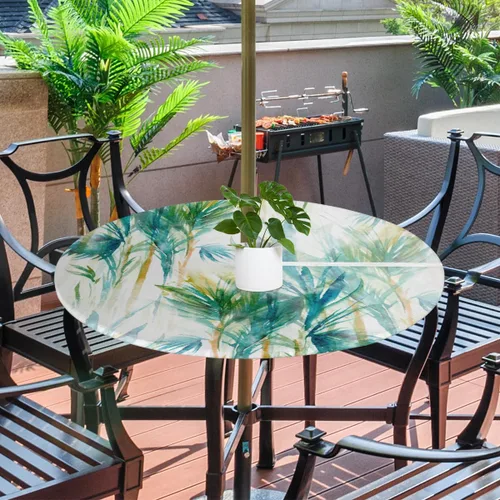 Vista 11 de Fitted Round Tablecloth with Umbrella Hole and Zipper Buffalo Plaid Outdoor Elastic Table Cloth 36"-44" Oil-Proof Waterproof Moroccan Patio Table