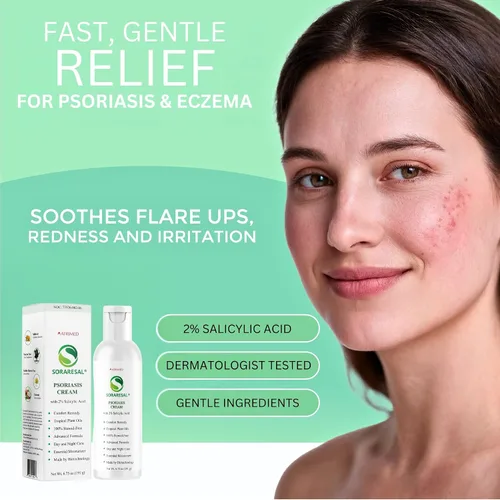 Vista 3 de SORARESAL Crema para la psoriasis – Remedio de confort con aceite de cártamo, aceite de coco y ácido salicílico para la picazón, la piel escamosa