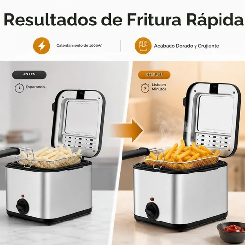 Vista 5 de Freidora profunda de 1000 W con canasta, freidora eléctrica de acero inoxidable de 2.64 cuartos de galón para uso doméstico, freidora