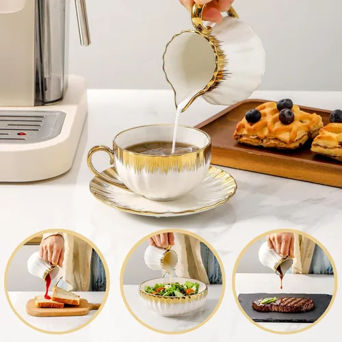 Vista 3 de Juego de azúcar y crema de cerámica, juego de azucarero blanco y crema con borde dorado, 3 piezas con jarra de crema de 10 onzas, azucarero de 11 oz
