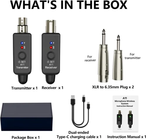 Vista 9 de Sistema de micrófono inalámbrico A11, transmisor y receptor XLR de 2.4 GHz para micrófono dinámico, mezclador de audio, sistema PA, rango de 100