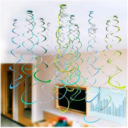 Vista 5 de Mefuny Paquete de 30 decoraciones de espirales colgantes dorados, verdes y rojos, serpentinas de plástico para fiestas, decoración de techo, boda