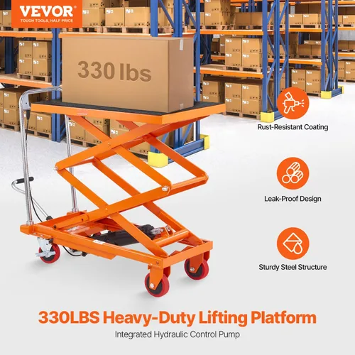 Vista 2 de VEVOR Carro con mesa elevadora hidráulica, capacidad de carga de 330 libras, altura de elevación de 50 pulgadas, mesa de elevación de tijera manual