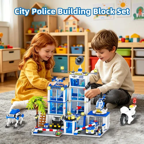 Vista 6 de Juego de construcción de la estación de policía de la ciudad, 1045 piezas de bloques de construcción de la sede de policía con coche de policía