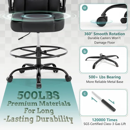 Vista 9 de Silla ergonómica de dibujo, silla de oficina alta para escritorio de pie, silla de escritorio de pie con respaldo alto con reposabrazos abatibles