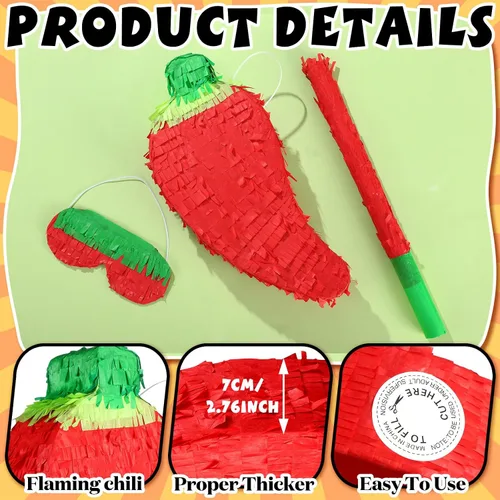 Vista 6 de Meooeck Piñata de chile rojo con palito de piñata y venda, piñata divertida para fiesta de festivales de pimiento picante, decoración de fiesta
