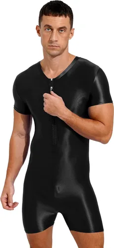 Vista 4 de YiZYiF Traje de baño brillante de una sola pieza para hombre, traje de baño con cremallera, leotardo deportivo
