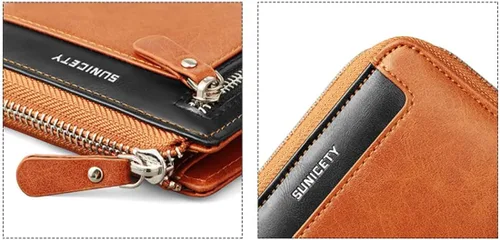 Vista 7 de Cartera de cuero a la moda corta con cremallera RFID función multitarjeta, cartera RFID para hombres, Marrón