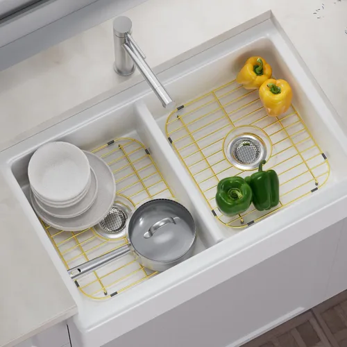Vista 6 de Paquete de 2 rejillas de metal dorado para fregadero de cocina, 13"L X 11.6"W, protectores de fregadero de acero inoxidable con orificio de drenaje