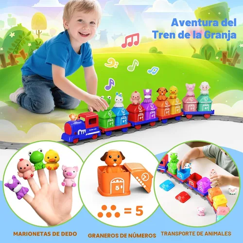 Vista 3 de Juguetes de aprendizaje para niños de 1, 2, 3 años, juego de tren de granja eléctrico para niñas de 2 a 4 años, juguete de tren Montessori