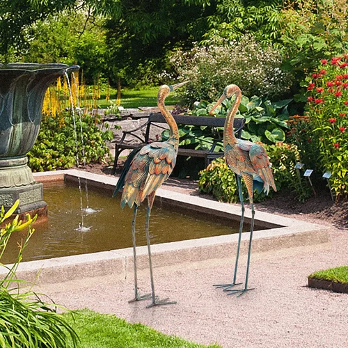 Vista 3 de Giantex Juego de 2 estatuas de jardín de grúa, esculturas de grúa de metal de pie, decoración de pájaro para césped, patio trasero, porche, patio
