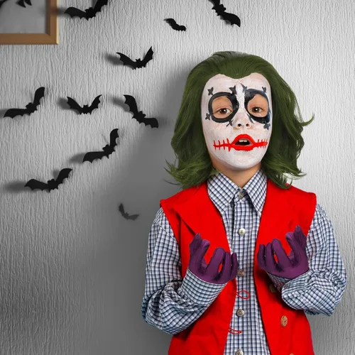 Vista 5 de Leumoi Peluca verde de Halloween para hombre, peluca corta ondulada verde y kit de maquillaje y guantes morados para adultos, hombres y niños