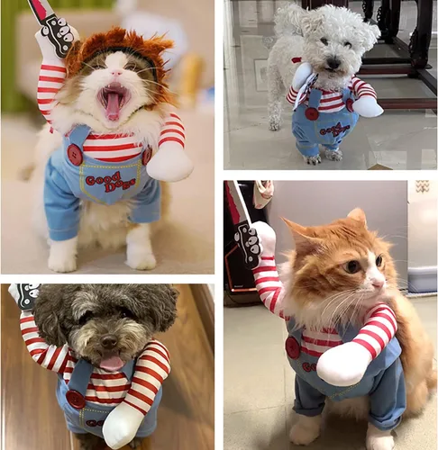 Vista 5 de Disfraz de muñeca mortal para perro, cosplay, Halloween y Navidad, disfraz de fiesta para perros pequeños, medianos y grandes (S)
