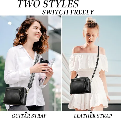 Vista 2 de Bolsos cruzados pequeños para mujer, bolsos cruzados de viaje de cuero vegano, bolsos de hombro con correa de guitarra y correa de cuero