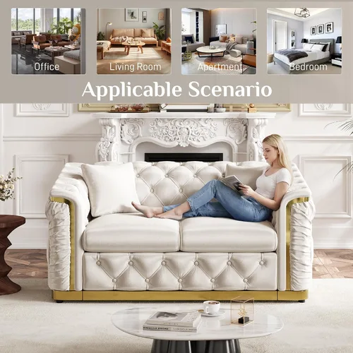 Vista 6 de Sofá de dos plazas Chesterfield de terciopelo de 62.2 pulgadas, sofá de lujo blanco y dorado, beige Gris