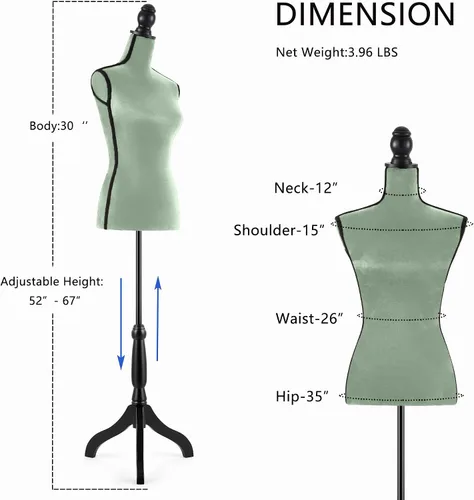 Vista 2 de HOMBOUR Cuerpo de maniquí femenino, forma de vestido de torso de maniquí de costura, maniquí ajustable con soporte para modista de exhibición (verde)