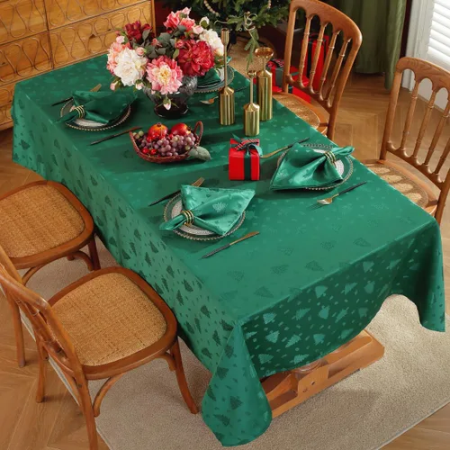 Vista 2 de Honellaty Mantel Verde de Navidad, Tela Jacquard con Patrón de Árbol de Navidad Mantel Rectangular, Mantel de Damasco para Mesas Rectangulares