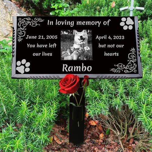 Vista 13 de Marcador personalizado para tumbas para mascotas con foto, piedra conmemorativa de gatos, lápida de granito negro personalizada grabada con láser