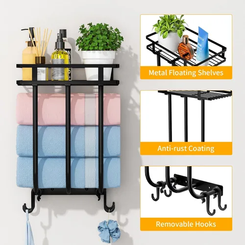 Vista 3 de Toalleros para baño, toallero montado en la pared con estante de metal y 4 ganchos para colgar, estante de toallas para baño pequeño, puede contener