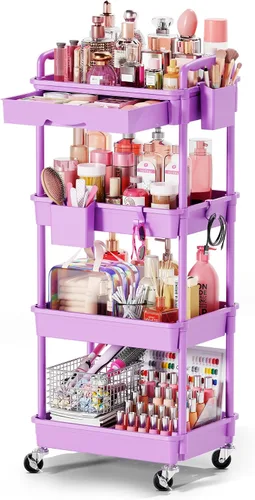 Vista 13 de Goovilla Carrito Organizador de Maquillaje Rodante con Cajón Extraíble, Carrito de Almacenamiento de Cuidado de la Piel de 3 Niveles Estable Negro