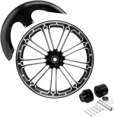 Vista 64 de TCMT Llanta de rueda delantera de 21", buje de rueda de brida de doble disco con guardabarros delantero negro sin pintar, compatible con modelos