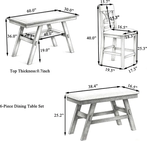 Vista 199 de Juego de mesa de comedor vintage de 6 piezas, juego de mesa de comedor de cocina de madera maciza con 4 sillas ergonómicas acolchadas y banco, mesa