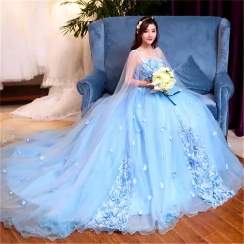 Vista 6 de YJNXHN Vestido de quinceañera floral con apliques para mujer, con capa, vestido largo de graduación, vestido formal de noche