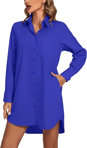 Vista 18 de LYANER Vestido camisero para mujer con cuello en V, botones, manga larga y dobladillo curvado