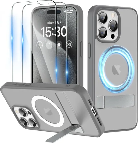 Vista 8 de Funda magnética para iPhone 15 Pro Max con soporte, soporte de cámara con protector de pantalla compatible con Magsafe a prueba de golpes