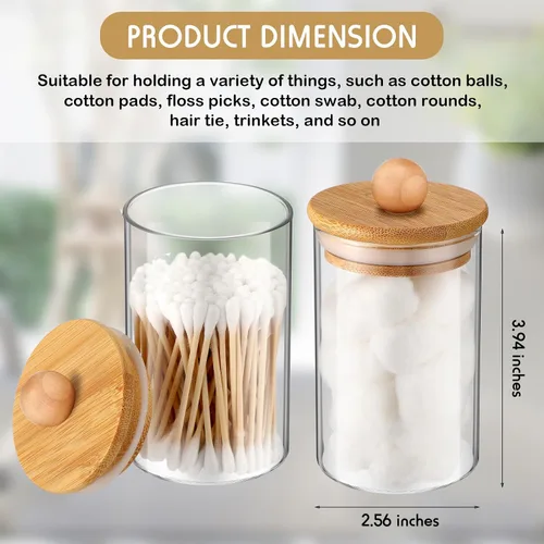 Vista 2 de Paquete de 6 tarros de boticario de vidrio con tapas, accesorios de baño de bambú, bolas de algodón, almohadillas para hisopos, frascos de baño