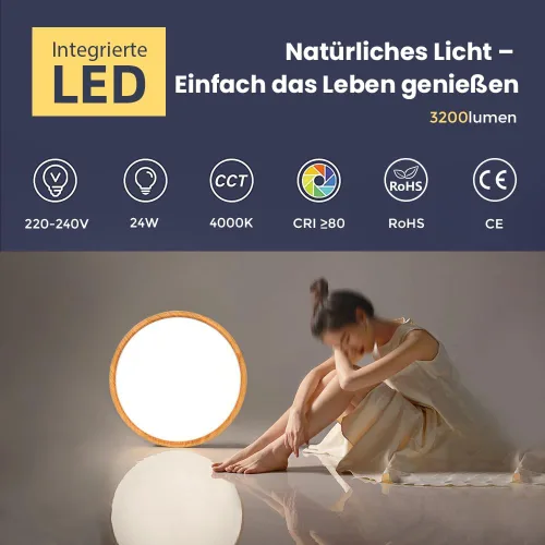 Vista 3 de LightingWill LED Ceiling Light Wood Look 24 W Diameter 30 cm, 2800 LM, 4000 K Neutral White, Round Flat, Modern Ceiling Light for Living Room